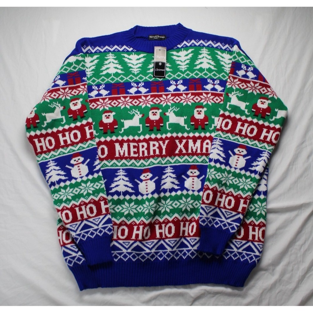Merry Christmas Ugly Sweater Snow flakes and Santa Blue Red ho ho ho Size 4XL